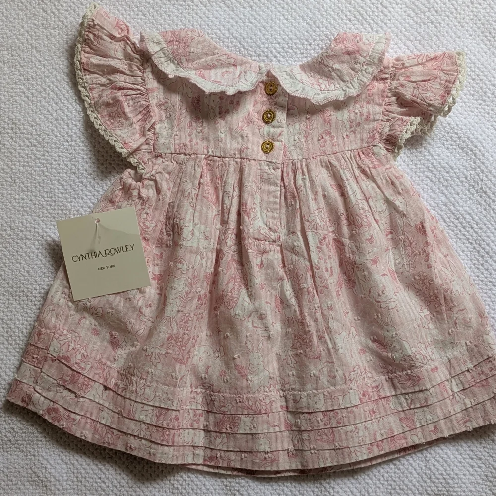 ✨HP✨NWT Cynthia Rowley Pink/Soft White Bunny Print Baby Dress Set Size 3-6months - Picture 3 of 10